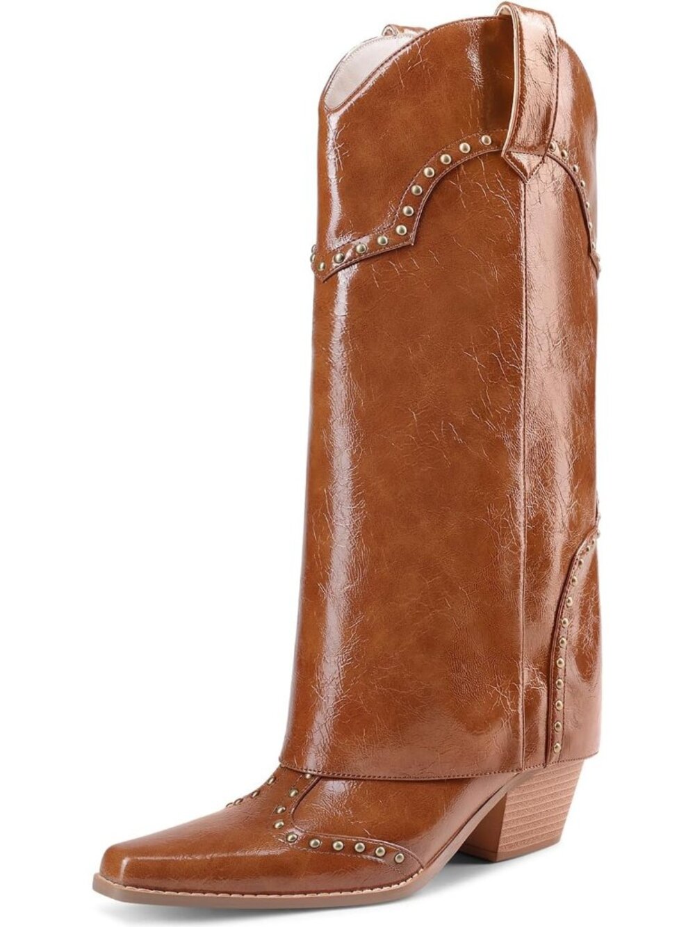 Women's Brown Patent Shark Boots Knee High Cowboy Cowgirl Fold Over Chunky Heel